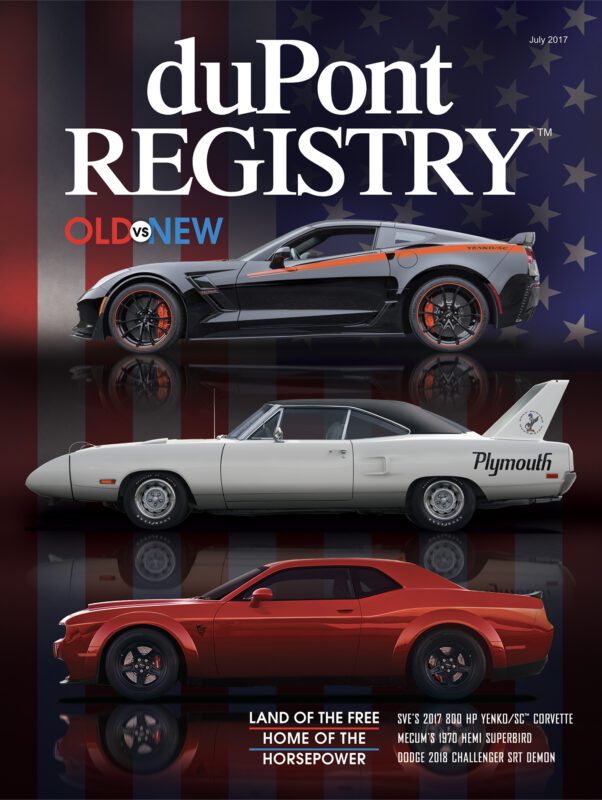 Three performance Cover Cars—a silver Corvette, a white Plymouth Superbird, and a red Dodge Challenger SRT Demon—are displayed on an American flag background with duPont REGISTRY 40th Anniversary magazine branding.