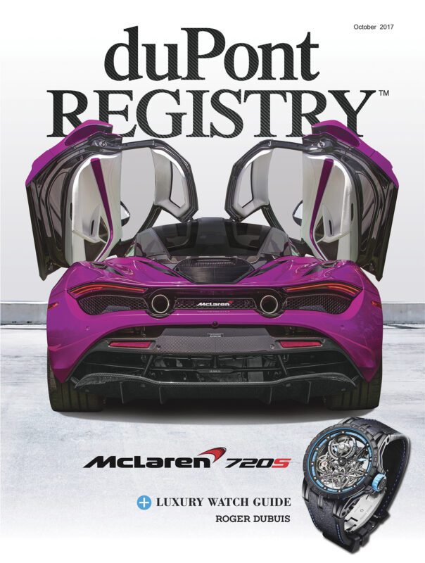 The 40th Anniversary duPont REGISTRY cover features a rear view of a purple McLaren 720S with butterfly doors open, celebrating iconic Cover Cars alongside a luxury watch.