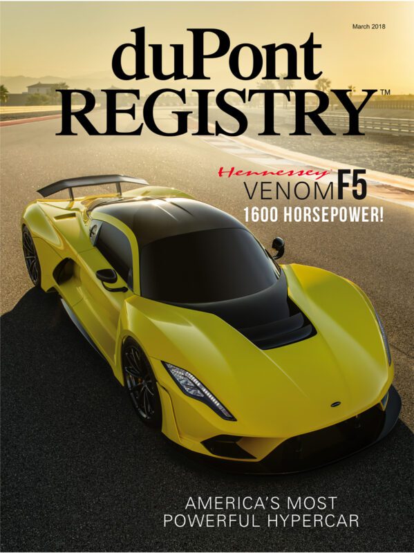 A yellow Hennessey Venom F5 hypercar graces the duPont REGISTRY Cover Cars issue, March 2018, with the headline "America's Most Powerful Hypercar," celebrating duPont REGISTRY's 40th Anniversary.