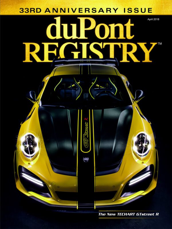 Cover of duPont REGISTRY’s 33rd anniversary issue features a striking yellow and black TECHART GTstreet R sports car, highlighting iconic Cover Cars. April 2018 edition.