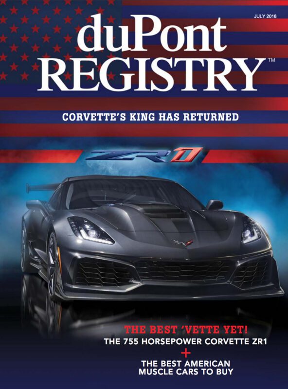 A black Corvette ZR1 sports car graces the duPont REGISTRY Cover Cars issue for July 2018, celebrating 40th Anniversary headlines that showcase its 755 horsepower and iconic American design.
