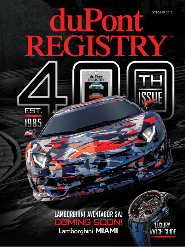 Cover of duPont REGISTRY’s 400th issue featuring a camouflaged Lamborghini Aventador SVJ among iconic Cover Cars, with text about its upcoming release in Miami and a luxury watch guide.