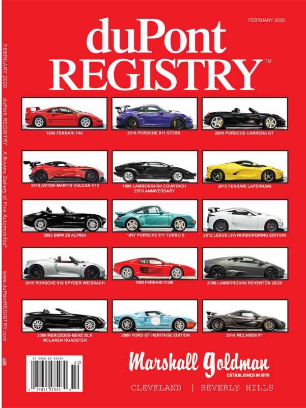 A grid of exotic Cover Cars with model names and years displayed on a red duPont REGISTRY magazine cover, celebrating the 40th Anniversary, February 2020 issue.