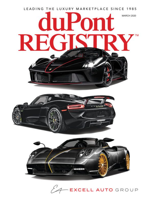 Three luxury Cover Cars grace the duPont REGISTRY magazine's March 2020 edition, celebrating its 40th Anniversary, with Excell Auto Group branding featured at the bottom.