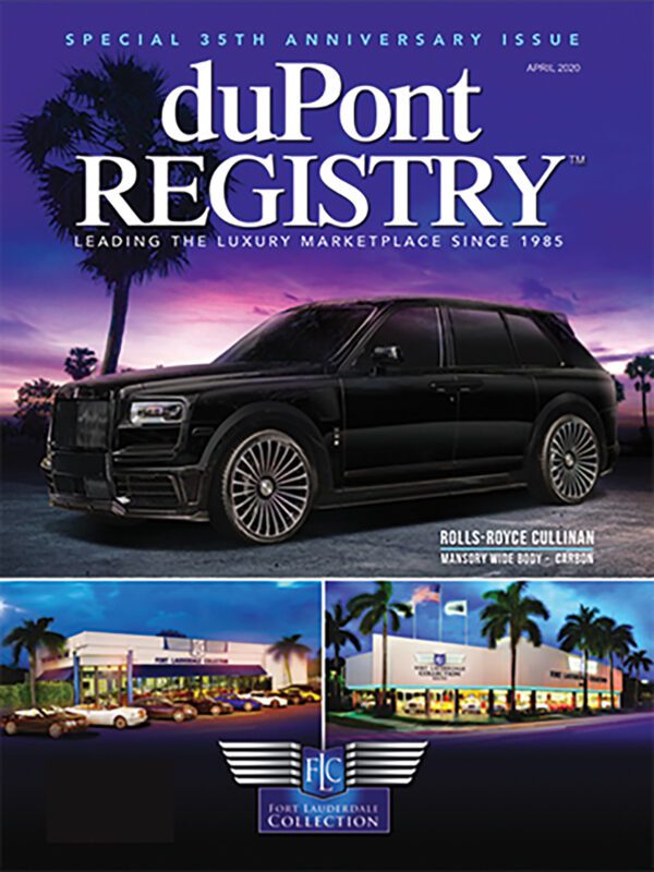 Cover of duPont REGISTRY's April 2020 issue celebrating its 40th Anniversary, featuring a Rolls-Royce Cullinan SUV above images of Fort Lauderdale Collection dealerships, palm trees, and an evening sky.
