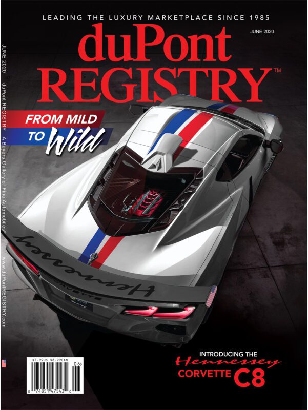 Top view of a silver Hennessey Corvette C8 with red and blue stripes, one of the striking Cover Cars featured on the June 2020 duPont REGISTRY magazine.