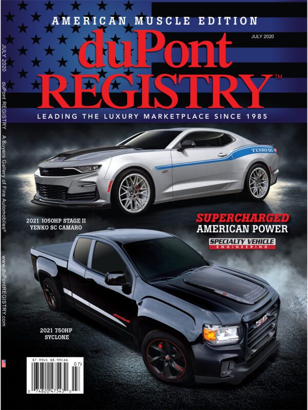 Cover Cars shine on the duPont REGISTRY 40th Anniversary issue, featuring a silver 2021 Yenko SC Camaro and a black 2021 750HP Syclone truck, highlighted with headlines about iconic American muscle cars.