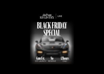 A blurred sports car with text: "12 Hour Black Friday Sale: duPont REGISTRY Live to offer a highly-spec, track-bred machine with just 75 miles. Black Friday Special launches at 6am EST, no reserve, 12 hours only.