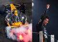 A race car emits smoke and flames as it spins on track; beside it, Lando Norris raises his fist in celebration on the podium after sealing his first F1 Championship, ending McLaren’s 13-year wait for a Drivers’ Title.
