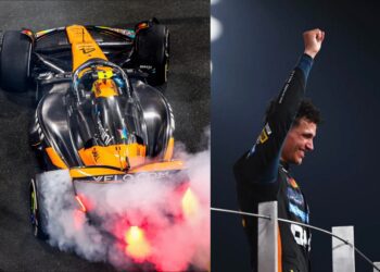 A race car emits smoke and flames as it spins on track; beside it, Lando Norris raises his fist in celebration on the podium after sealing his first F1 Championship, ending McLaren’s 13-year wait for a Drivers’ Title.