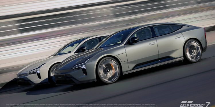 Two sleek, futuristic Polestar electric sedans race side by side on a track in Gran Turismo 7, capturing the thrill of virtual test drives with the game logo in the bottom right corner.