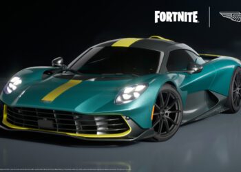 A teal Aston Martin sports car with yellow racing stripes is displayed on a dark background, featuring the Fortnite and Aston Martin logos above.