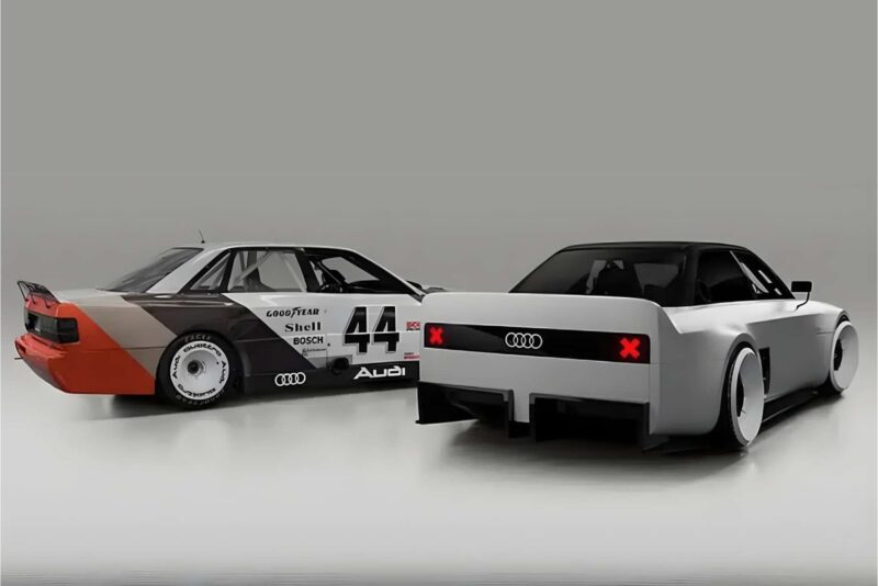 Two modified Audi coupe cars are parked indoors; one is a retro-inspired Audi with racing decals and number 44, while the other is a plain gray RS3 featuring striking red X-shaped taillights.