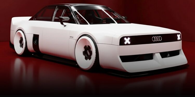 A futuristic white Audi concept car with a boxy design, black roof, and minimalist LED lights is displayed against a red background. This '80s Retro-inspired Audi Design Study is actually an RS3 underneath.