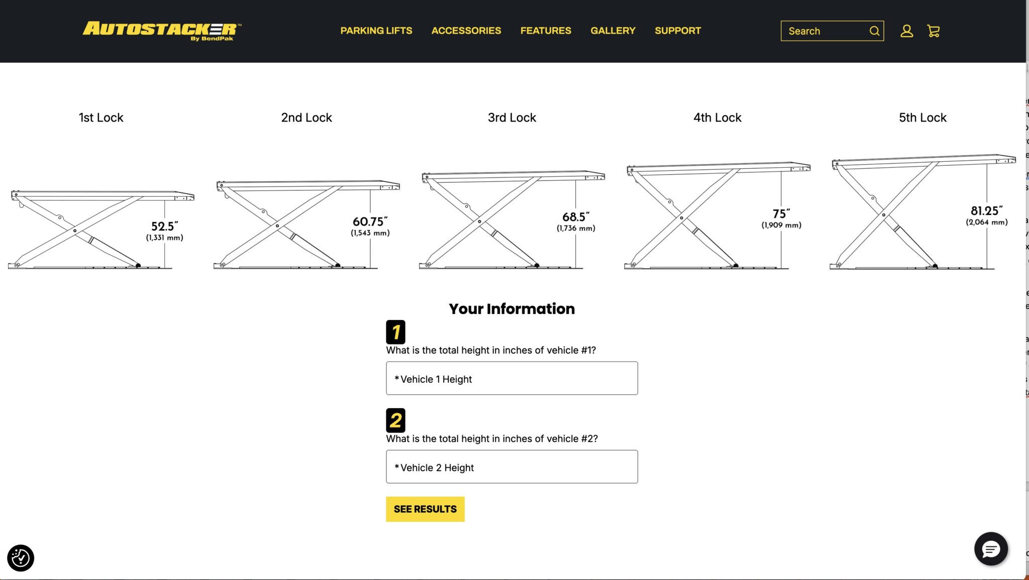 Diagram displays five vehicle lift heights in inches (52.5", 60.075", 68.5", 75", 81.025") with input fields for entering two vehicle heights to calculate total height—ideal for planning Autostacker or Double Garage setups to maximize garage space.