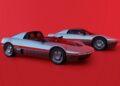 Two futuristic white and red sports cars with sleek, aerodynamic designs are parked side by side against a solid red background, reminiscent of a public debut at Rétromobile Paris 2026 or the legendary Bertone Runabout.