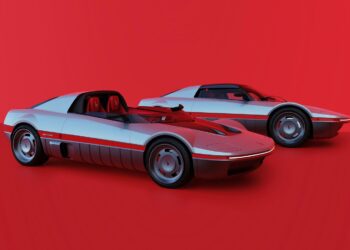 Two futuristic white and red sports cars with sleek, aerodynamic designs are parked side by side against a solid red background, reminiscent of a public debut at Rétromobile Paris 2026 or the legendary Bertone Runabout.