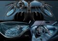 A collage showcasing Bugatti hypercar interior sketches in white and blue lines, paired with a photo of the finished Bugatti Tourbillon interior featuring matching blue seats and advanced controls.