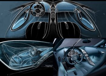 A collage showcasing Bugatti hypercar interior sketches in white and blue lines, paired with a photo of the finished Bugatti Tourbillon interior featuring matching blue seats and advanced controls.
