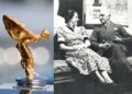 A close-up of a gold car hood ornament pays tribute as Rolls-Royce marks 150 years of Charles Sykes, the artist behind the iconic Spirit of Ecstasy; on the right, a black-and-white photo shows a man and woman chatting together.