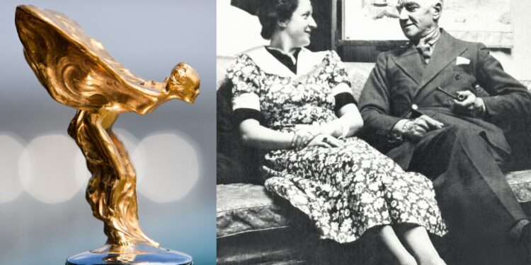 A close-up of a gold car hood ornament pays tribute as Rolls-Royce marks 150 years of Charles Sykes, the artist behind the iconic Spirit of Ecstasy; on the right, a black-and-white photo shows a man and woman chatting together.