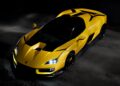 A yellow sports car with black accents is parked on a dark surface, illuminated from above, highlighting its sleek and angular design—echoing the spirit of 20 Cars That Focused on Analog Engagement in 2025.