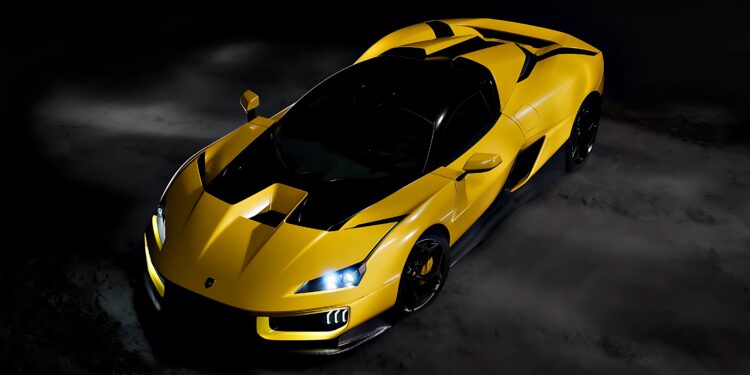 A yellow sports car with black accents is parked on a dark surface, illuminated from above, highlighting its sleek and angular design—echoing the spirit of 20 Cars That Focused on Analog Engagement in 2025.