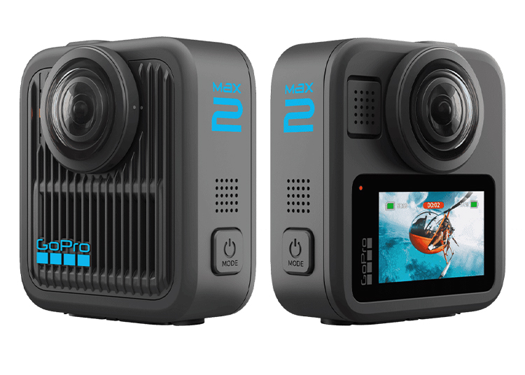 Two GoPro Max cameras are featured—one highlights the lens and front, while the other displays the touchscreen with a recording interface and action scene—making them top picks in the duPont REGISTRY 2026 Holiday Gift Guide.