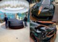 Two people unveil the Huayra 70 Trionfo, celebrating Horacio Pagani’s 70th birthday; close-up shots highlight the luxury sports car’s black paint, orange accents, and intricate detailing from front to rear.