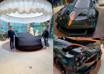 Two people unveil the Huayra 70 Trionfo, celebrating Horacio Pagani’s 70th birthday; close-up shots highlight the luxury sports car’s black paint, orange accents, and intricate detailing from front to rear.