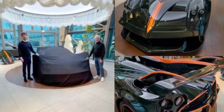 Two people unveil the Huayra 70 Trionfo, celebrating Horacio Pagani’s 70th birthday; close-up shots highlight the luxury sports car’s black paint, orange accents, and intricate detailing from front to rear.