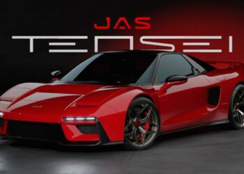 A red sports car with black wheels is parked indoors against a dark background, as "JAS TENSEI" and the phrase "Rebirth of an Icon: JAS and Pininfarina Unveil the Tensei Supercar" are displayed above it.