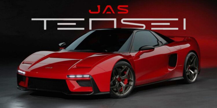 A red sports car with black wheels is parked indoors against a dark background, as "JAS TENSEI" and the phrase "Rebirth of an Icon: JAS and Pininfarina Unveil the Tensei Supercar" are displayed above it.