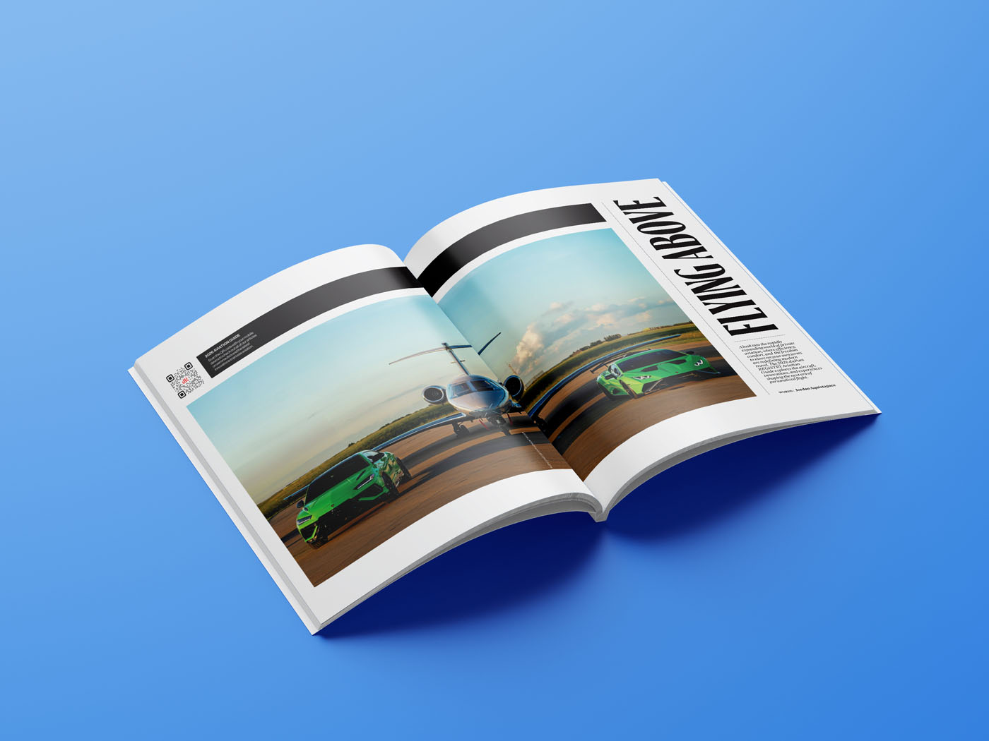 An open duPont REGISTRY magazine on a blue surface displays a two-page spread featuring a private jet and two green sports cars on a runway, with the headline "FLYING ABOVE." January 2026 issue.
