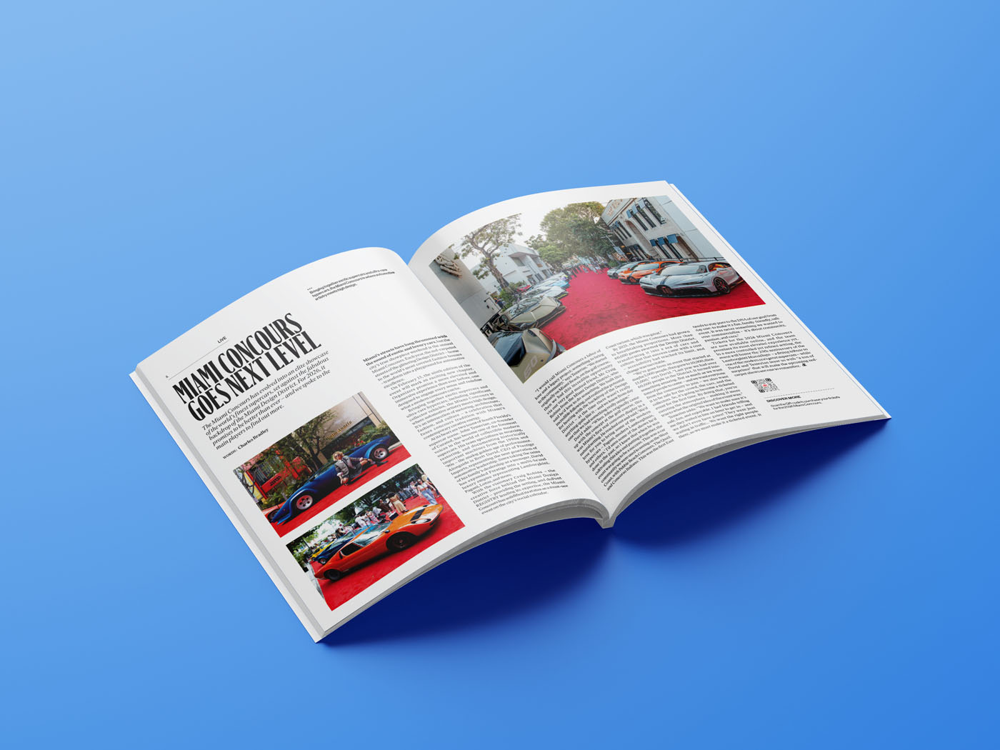 Open duPont REGISTRY magazine on a blue surface, featuring a January 2026 article about Miami Concours, with striking photos of cars displayed outdoors on a red carpet.