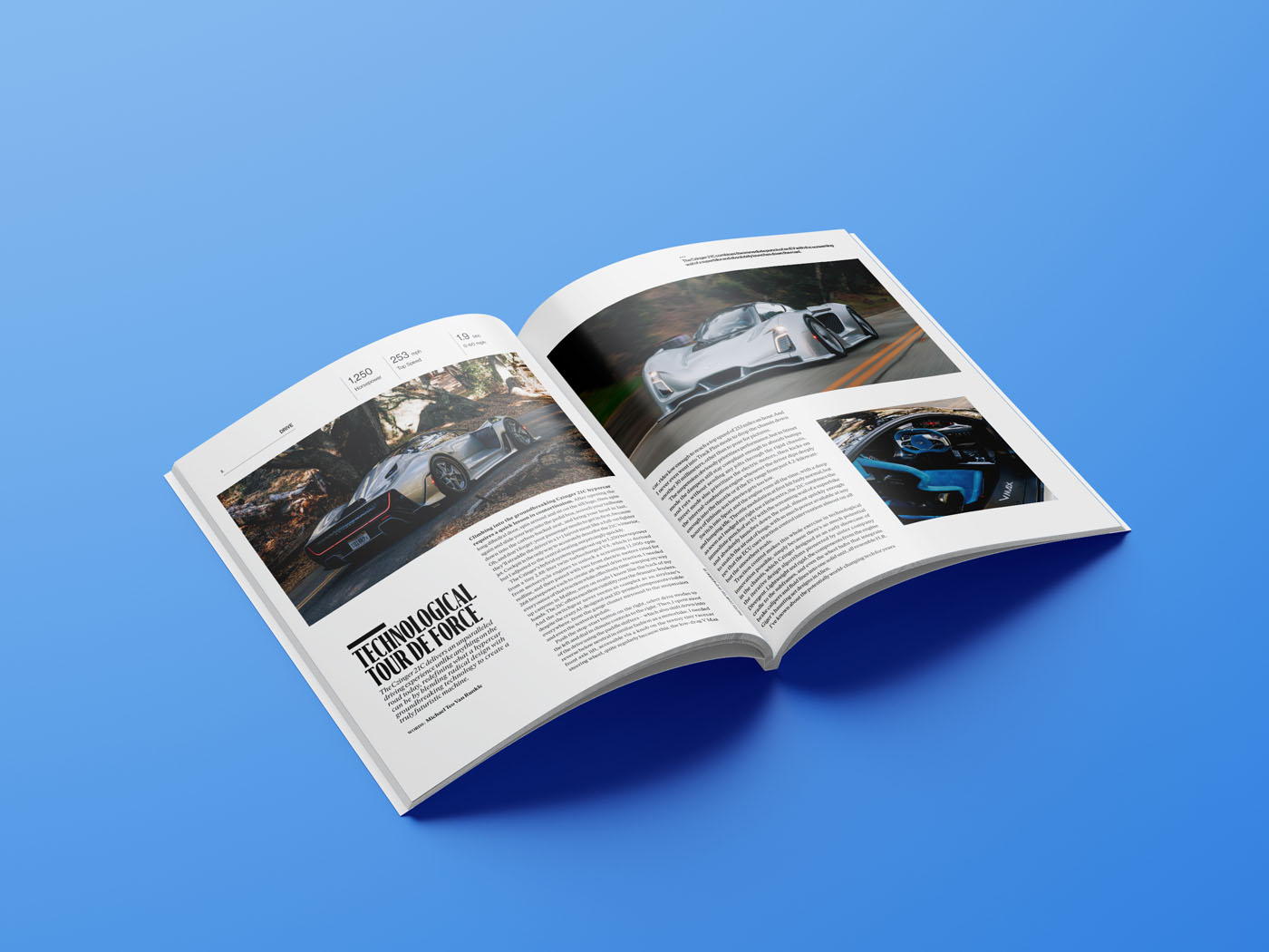 An open January 2026 issue of duPont REGISTRY rests on a blue surface, displaying articles and images of futuristic cars across its pages.