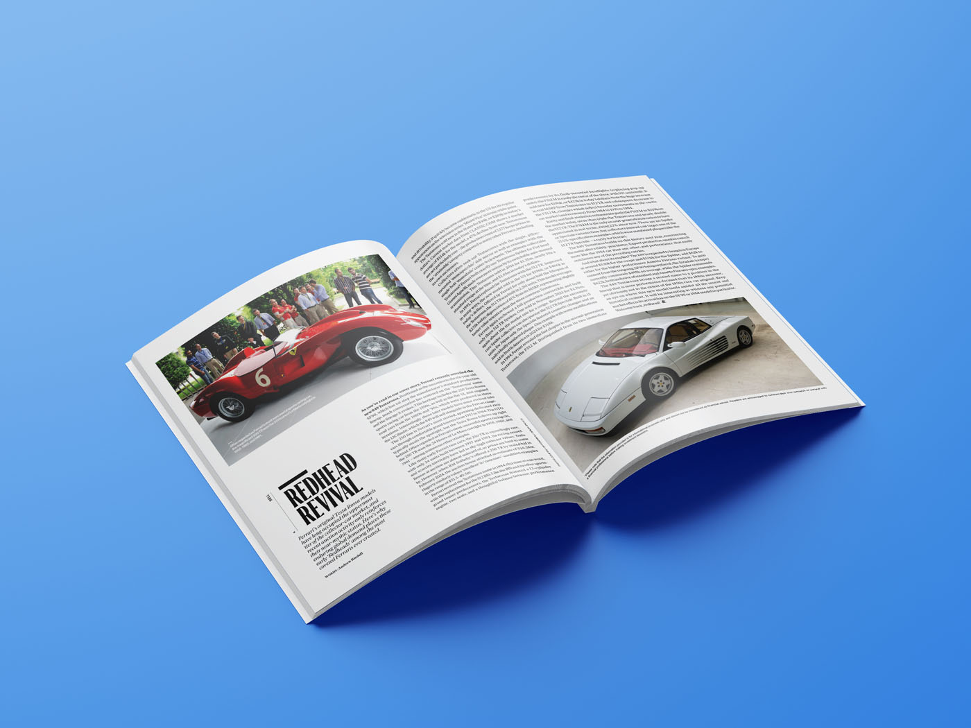 An open duPont REGISTRY magazine on a blue surface displays articles and photos of classic cars, including a red race car and a white sports car, from the January 2026 issue.