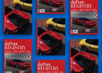 Multiple copies of duPont REGISTRY magazine are displayed, featuring red and yellow sports cars on the cover against a blue background from the January 2026 issue.
