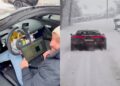 A person inside a Bugatti uses a laptop, while outside, Mate Rimac puts the Bugatti Tourbillon through its paces on a snowy road.