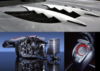 Three images: silver car hood vents, a detailed car engine model, and a close-up of a red engine start button—features from The Misunderstood Hyper GT. Is the market sleeping on this future collectible?.