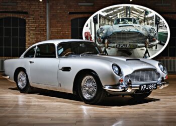 Restored silver rare DB5 classic car in a showroom, with an inset showing the same car in rusted, damaged condition before its transformation at Aston Martin Works—an incredible story of revival.