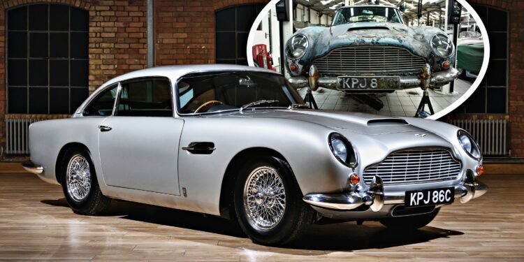 Restored silver rare DB5 classic car in a showroom, with an inset showing the same car in rusted, damaged condition before its transformation at Aston Martin Works—an incredible story of revival.