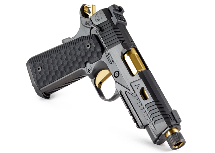 A black and gold semi-automatic pistol with a textured grip, angled to show the barrel, slide, and trigger—perfect for the 2026 duPont REGISTRY Holiday Gift Guide.