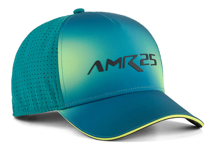 A teal and green gradient baseball cap from the PUMA x Aston Martin F1 Select Collection, featuring "AMR25" printed in black on the front and perforated side panels. Buy now to complete your look.