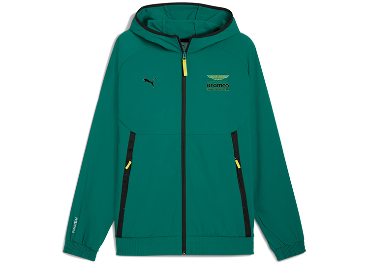 Green hooded zip-up jacket from the PUMA x Aston Martin F1 Select Collection features black zipper, black vertical pocket accents, yellow zipper pulls, and team logos on the chest. How to Buy: Visit official retailers or the Puma website.