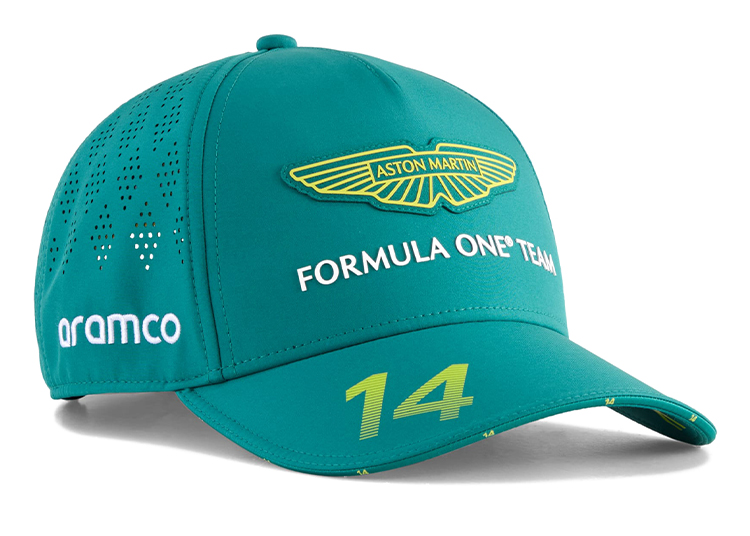 Green PUMA x Aston Martin F1 cap from the Select Collection, featuring a yellow "14" on the brim, team logo on the front, and "aramco" on the side. A must-buy for any fan.