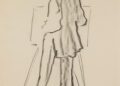 Charcoal sketch of a person standing at an easel, seen from behind, with loose, minimal lines suggesting a formal outfit—an homage to Charles Sykes, the artist behind the Rolls-Royce Spirit of Ecstasy.