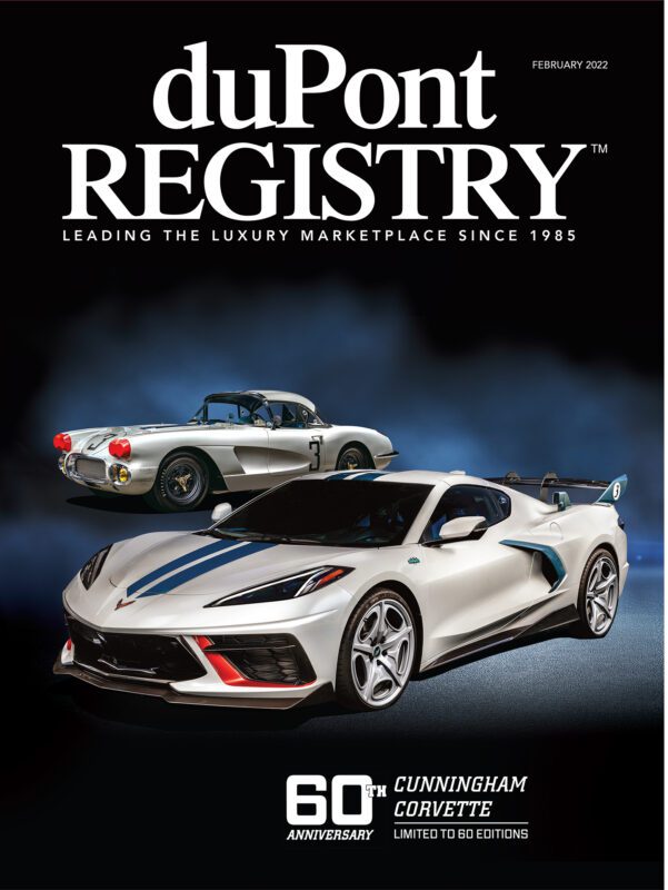 Cover of duPont REGISTRY magazine featuring two Cunningham Corvettes as the Cover Cars—a classic model and a modern anniversary edition—with the text "60th Anniversary Cunningham Corvette.