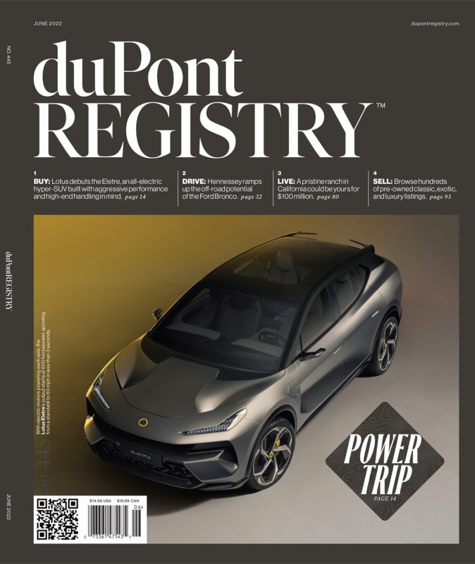 A sleek gray Lotus Eletre electric SUV is displayed on the cover of duPont REGISTRY magazine’s 40th Anniversary issue, June 2022, with article teasers and the headline "POWER TRIP," celebrating iconic Cover Cars.