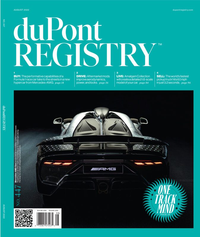 A black Mercedes-AMG hypercar takes center stage as one of the Cover Cars on the duPont REGISTRY magazine’s August 2022 issue, celebrating its 40th Anniversary with teal text and exclusive feature highlights.